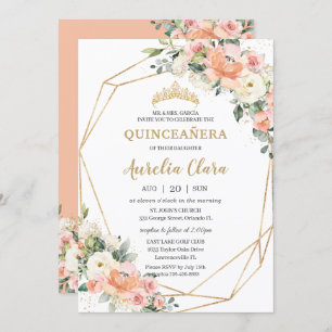 Peach Pink Blush Ivory Floral 15th Quinceañera Invitation