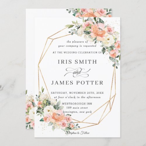 Peach Pink Blush Ivory Floral Wedding Geometric Invitation