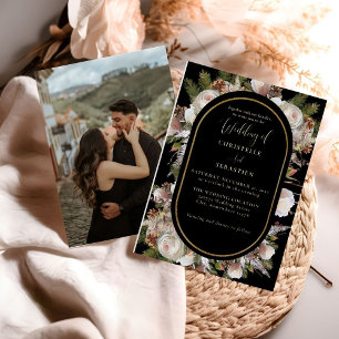 Peach Pink Boho Black Winter Floral Wedding Foil Invitation