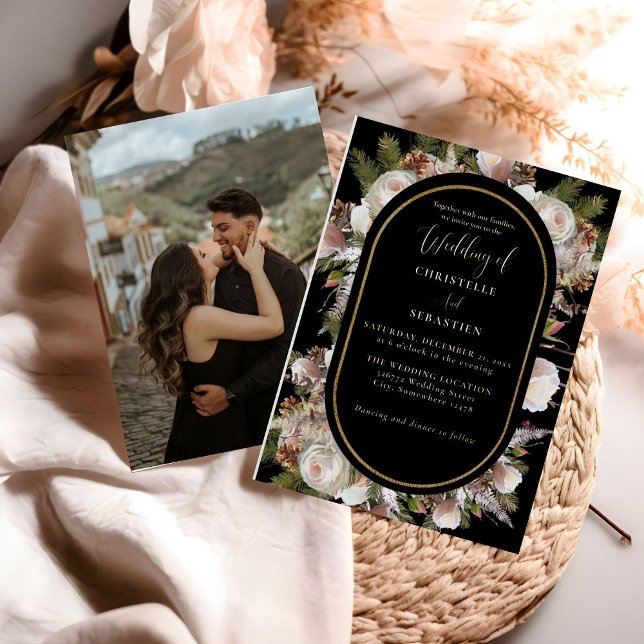 Peach Pink Boho Black Winter Floral Wedding Foil Invitation (Creator Uploaded)