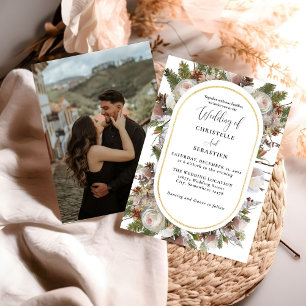 Peach Pink Boho Watercolor Winter Floral Wedding  Invitation