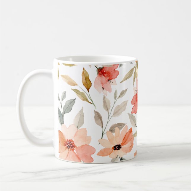 Peach Pink Botanical Floral Pattern Coffee Mug (Left)