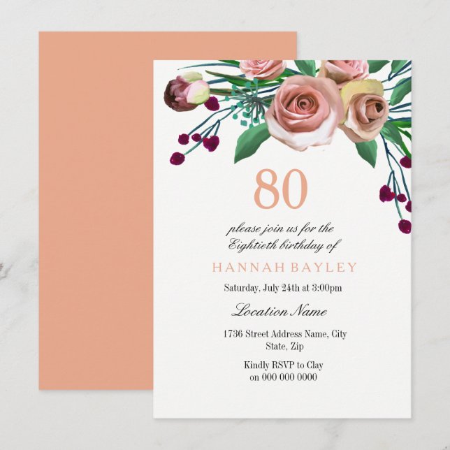 Peach Pink Burgundy Rose 80th Birthday Invitation (Front/Back)