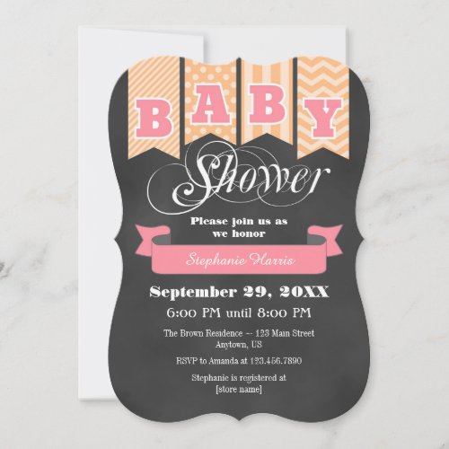 Peach Pink Chalkboard Flag Baby Shower Invite