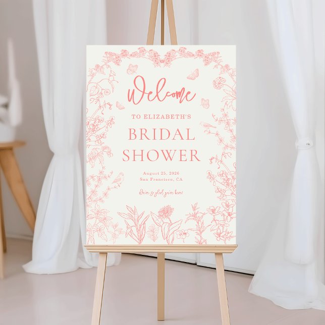 Peach Pink Chinoiserie Bridal Shower Welcome Sign (whimsical Peach Pink Chinoiserie Bridal Shower Welcome Sign)