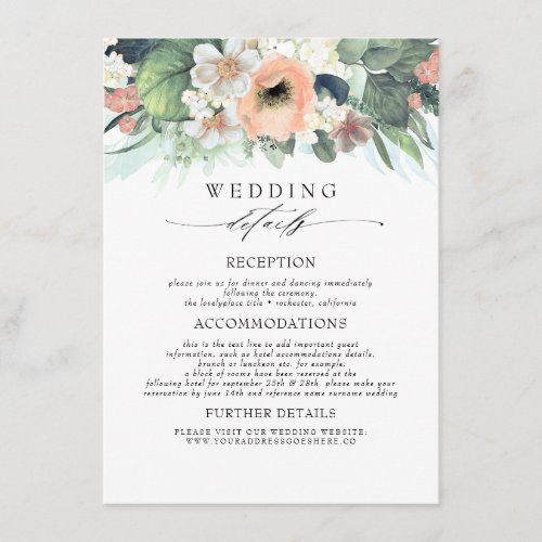 Peach Pink Colored Flowers Wedding Information Enclosure Card