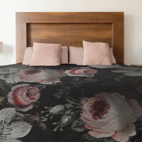 Peach Pink Coral Charcoal Victorian Rose Floral Duvet Cover