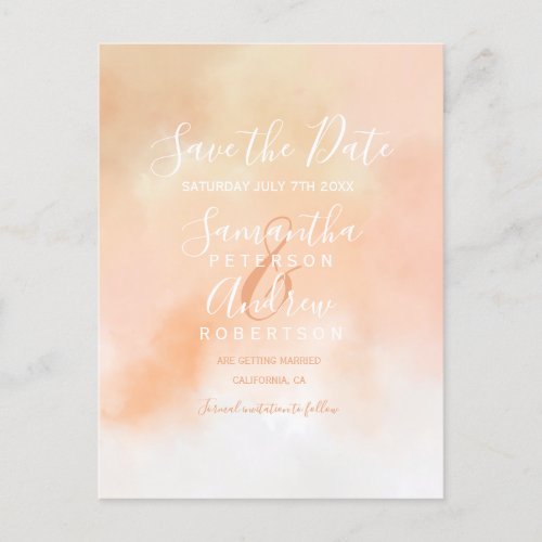 Peach pink coral watercolor ombre save the date announcement postcard