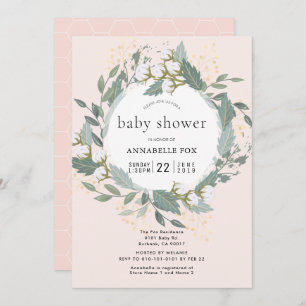Peach Pink Cotton Garden Wreath Baby Shower Invitation