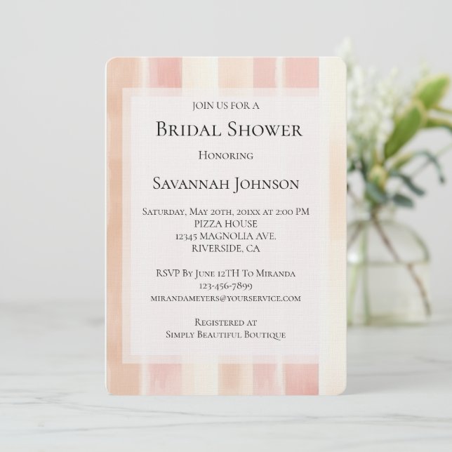 Peach Pink Cream Stripes Bridal Shower Invitation (Standing Front)