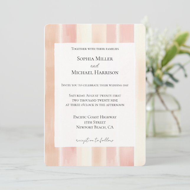 Peach Pink Cream Stripes Wedding Invitation (Standing Front)