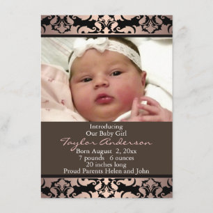 Peach Pink Damask Photo Birth Announcement