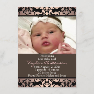 Peach Pink Damask Photo Birth Announcement