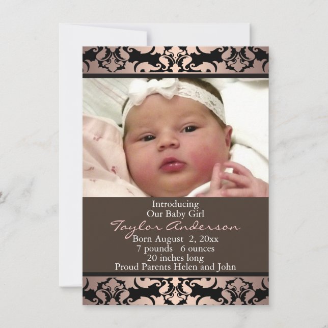 Peach Pink Damask Photo Birth Announcement (Front)