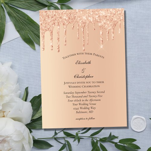 Peach Pink Dripping Glitter Glam Bling Wedding Invitation