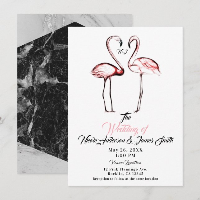 Peach Pink Flamingos Flamingo Black Marble Wedding Invitation (Front/Back)