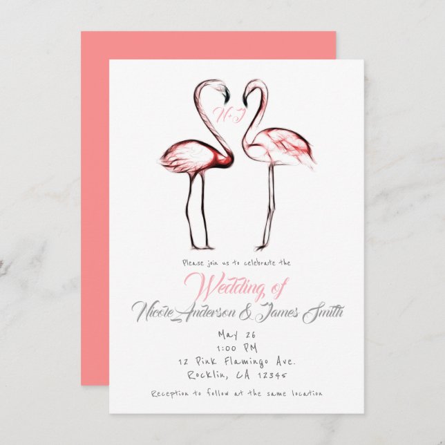Peach Pink Flamingos Flamingo Elegant Wedding Invitation (Front/Back)