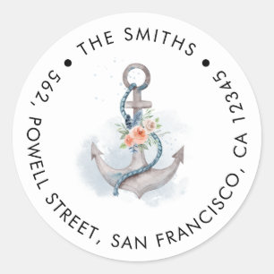 Peach Pink Floral Anchor Return Address Classic Round Sticker