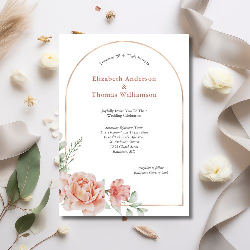 Peach Pink Floral Arch Border Elegant Wedding Invitation