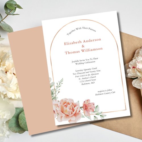 Peach Pink Floral Arch Border Elegant Wedding Invitation