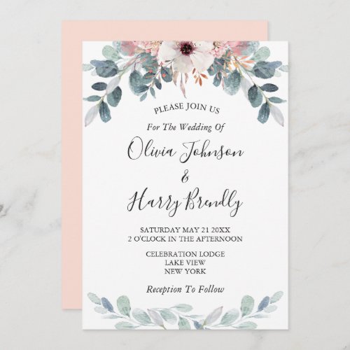 Peach Pink Floral Eucalyptus Greenery Wedding   Invitation