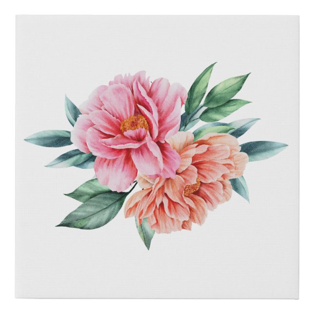 Peach Pink Floral Flowers Peonies  Faux Canvas Print (Front)