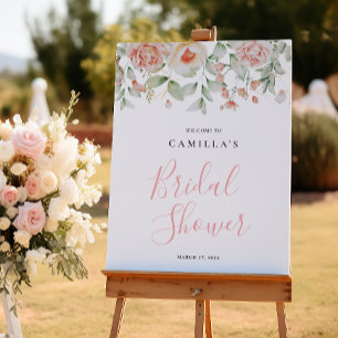Peach Pink Floral Foliage Bridal Shower Sign