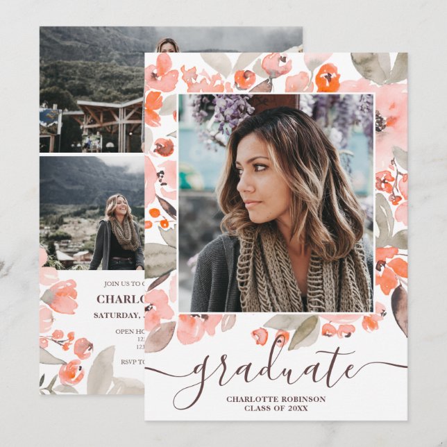 Peach pink floral greenery script photo graduation invitation (Front/Back)