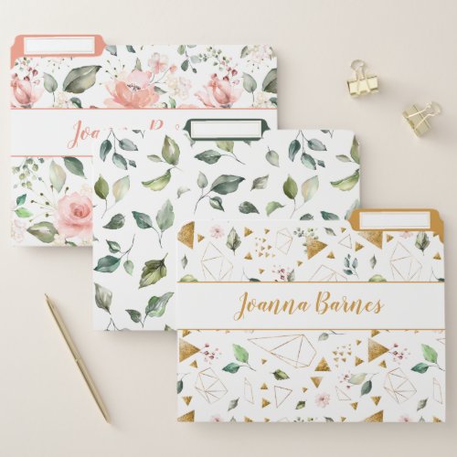 Peach Pink Floral Leaves Gold Geometric Monogram File Folder