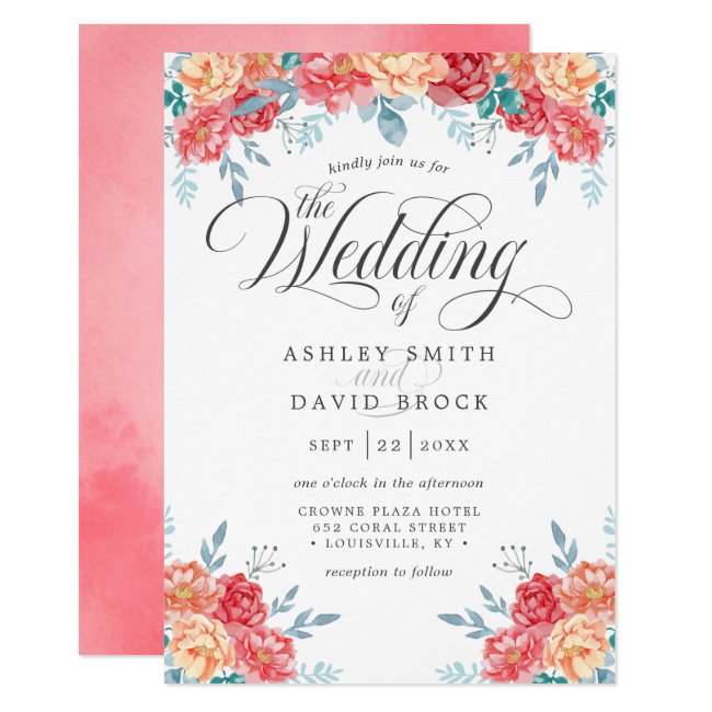 Peach Pink Floral Pastel Watercolor Wedding Invitation