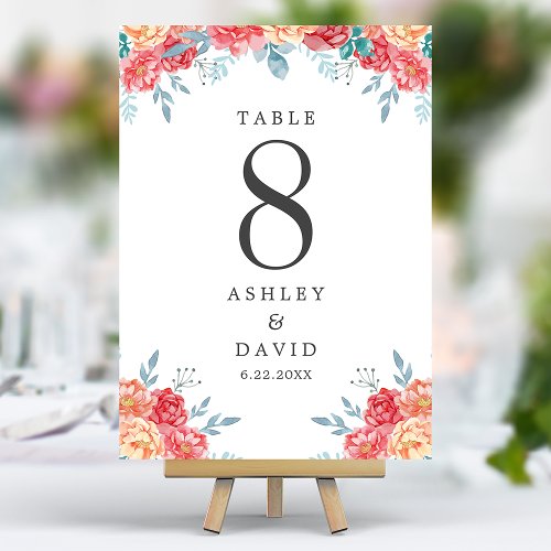 Peach Pink Floral Pastel Watercolor Wedding Table Number