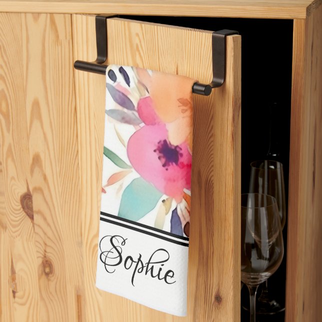 Peach & Pink Floral Personalized  Kitchen Towel (Thirds Fold)