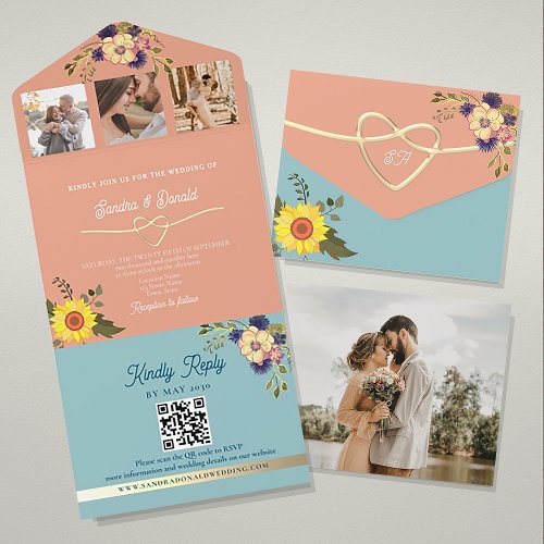 Peach Pink Floral QR Code Wedding All In One Invitation
