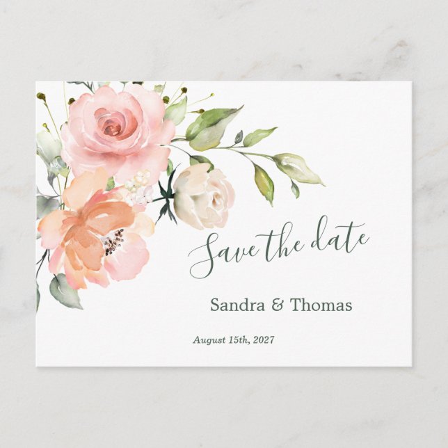 Peach pink floral,  Save the date Invitation Postcard (Front)