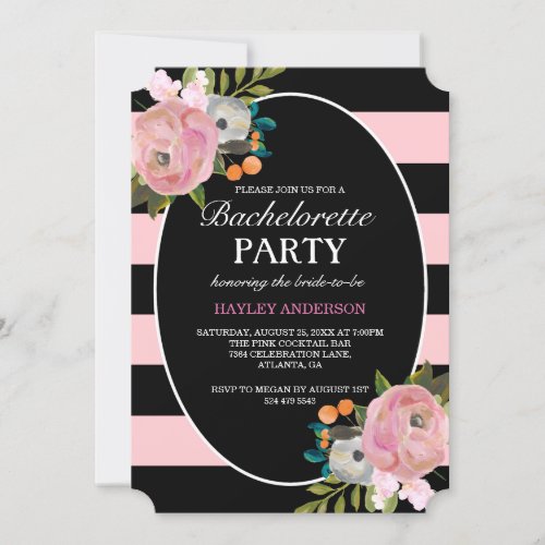 Peach Pink Floral Stripe Bachelorette Party Invitation