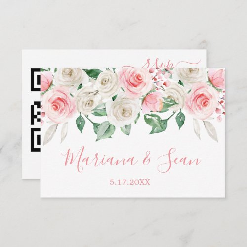 Peach Pink Floral Wedding QR Code RSVP Card