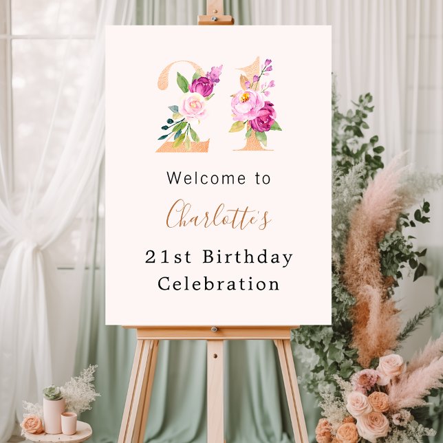 Peach pink florals number 21st birthday welcome foam board (Creator Uploaded)