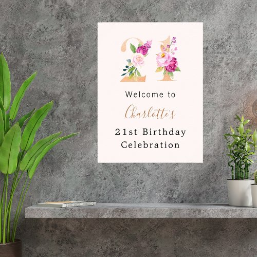 Peach pink florals number 21st birthday welcome poster