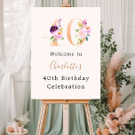 Peach pink florals number 40th birthday welcome foam board<br><div class="desc">A peach colored background. Decorated with foral numbers in faux gold and pink.   Personalize and add a name and age. 
Back: no design</div>
