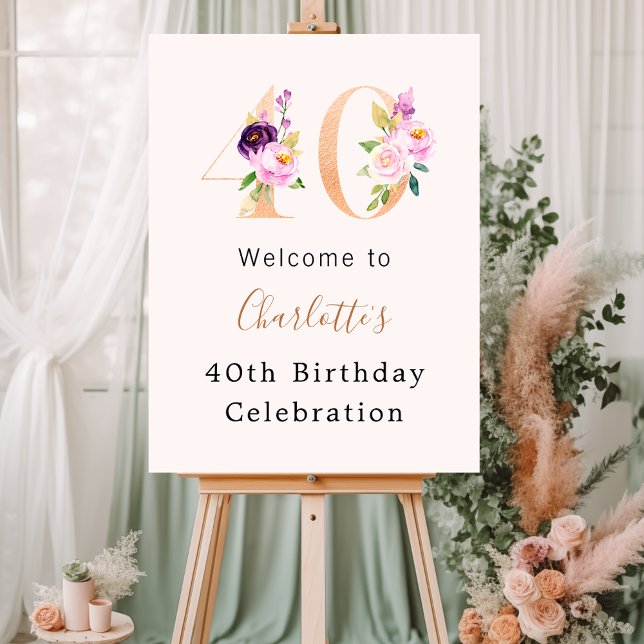 Peach pink florals number 40th birthday welcome foam board (Creator Uploaded)