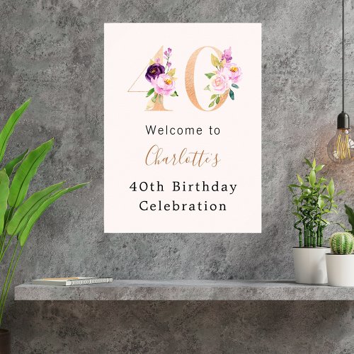 Peach pink florals number 40th birthday welcome poster