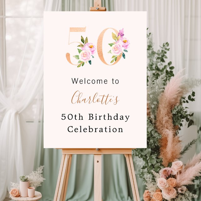 Peach pink florals number 50th birthday welcome foam board (Creator Uploaded)