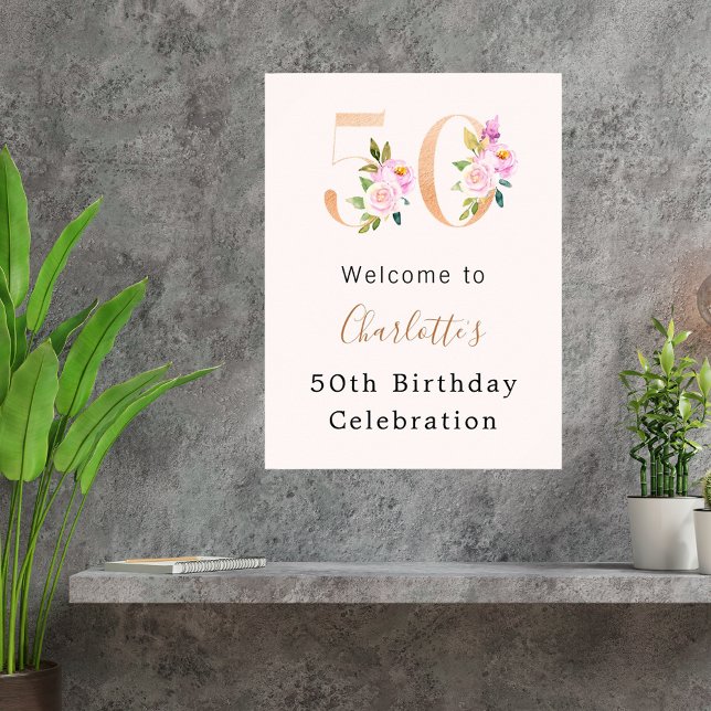 Peach pink florals number 50th birthday welcome poster (Creator Uploaded)