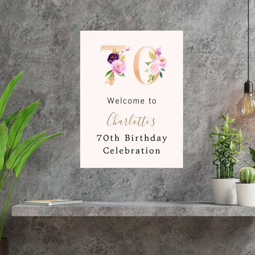 Peach pink florals number 70th birthday welcome poster