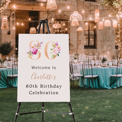 Peach pink florals number 80th birthday welcome foam board