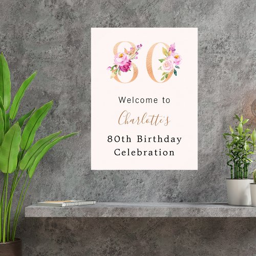 Peach pink florals number 80th birthday welcome poster