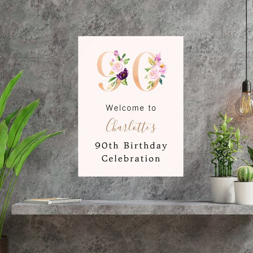 Peach pink florals number 90th birthday welcome poster