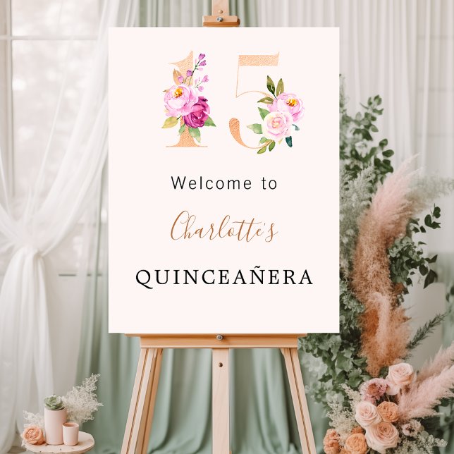 Peach pink florals number Quinceanera welcome Foam Board (Creator Uploaded)