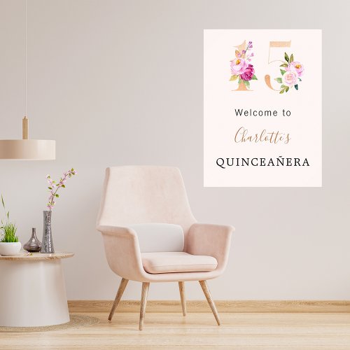 Peach pink florals number Quinceanera welcome Poster