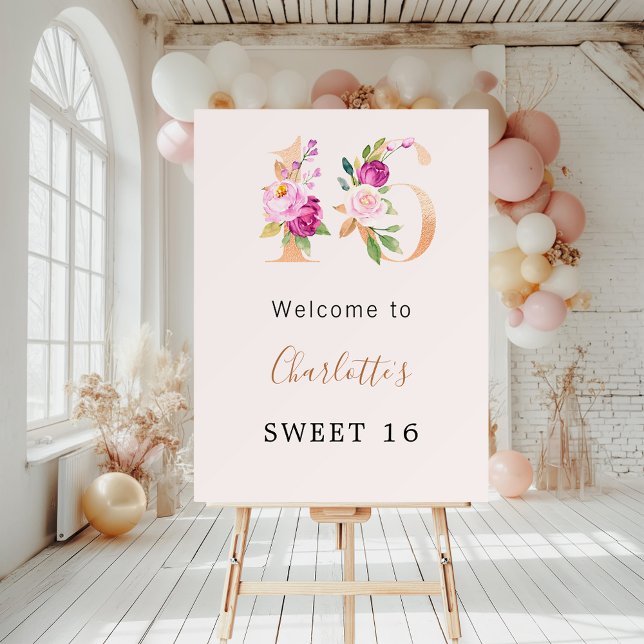 Peach pink florals number Sweet 16 welcome Foam Board (Creator Uploaded)